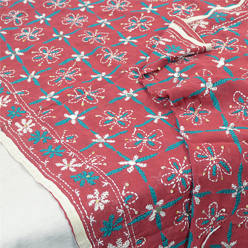 Sanskriti Vintage Dark Red Blend Georgette Long Dupatta Handmade Phulkari Veil From Himachal Panjab Of India Textile Heritage, Sewing