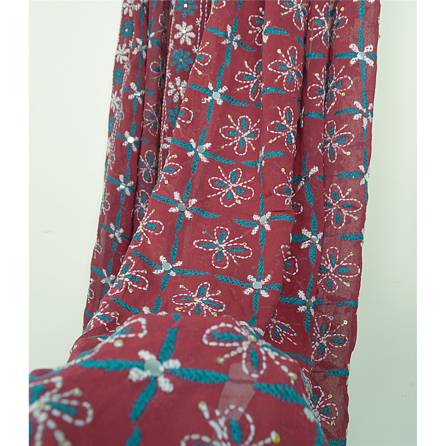Sanskriti Vintage Blend Georgette Long Dupatta Dark Red Handmade Phulkari Veil