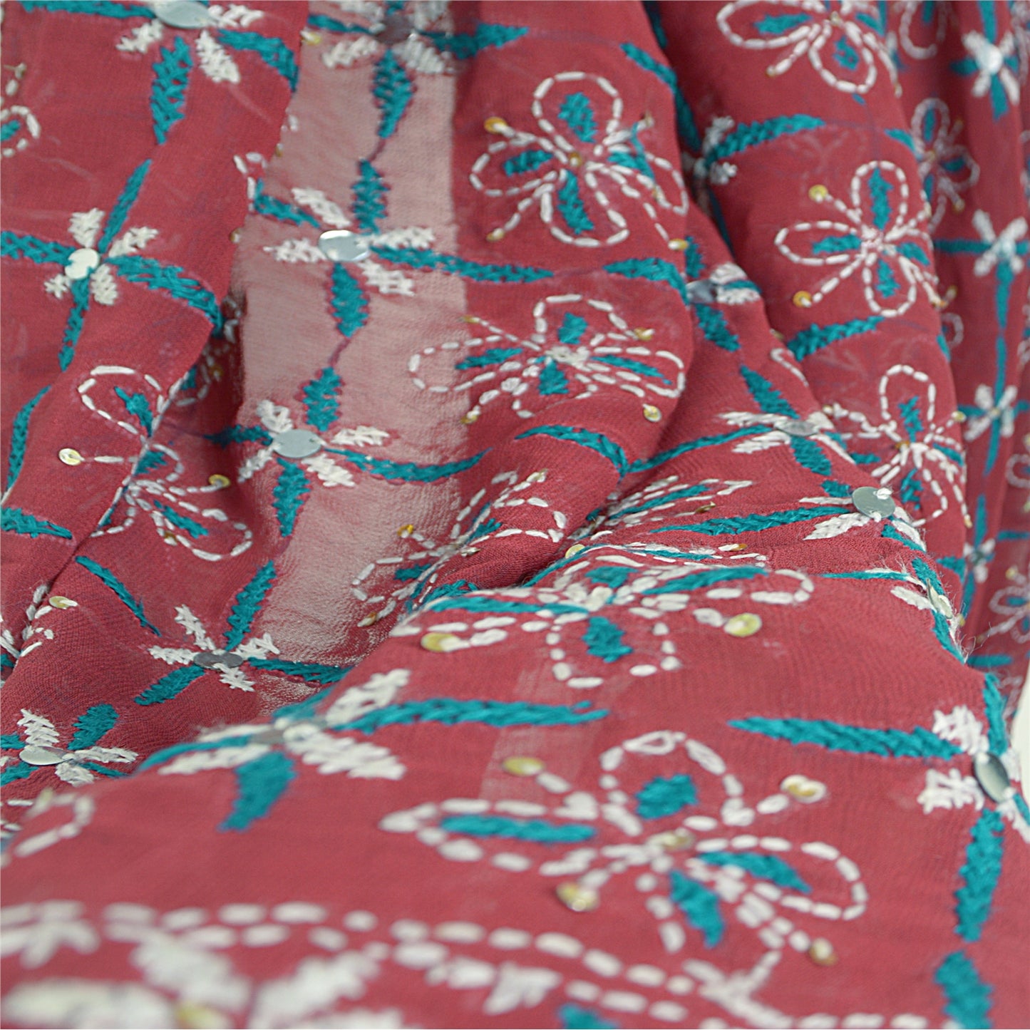 Sanskriti Vintage Blend Georgette Long Dupatta Dark Red Handmade Phulkari Veil