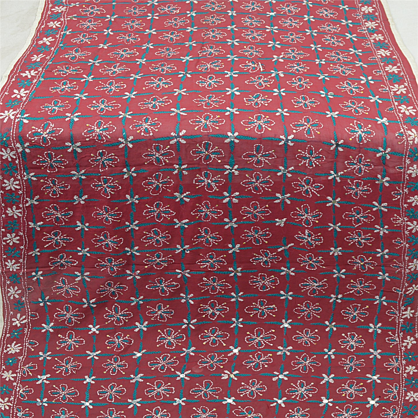 Sanskriti Vintage Blend Georgette Long Dupatta Dark Red Handmade Phulkari Veil