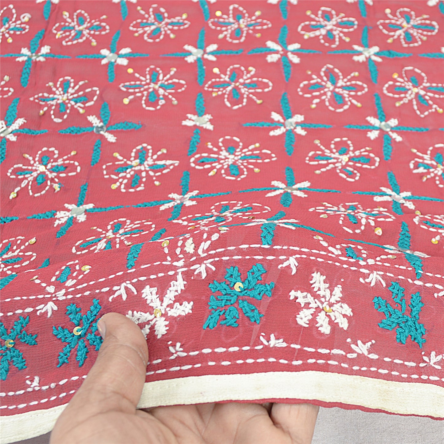 Sanskriti Vintage Blend Georgette Long Dupatta Dark Red Handmade Phulkari Veil