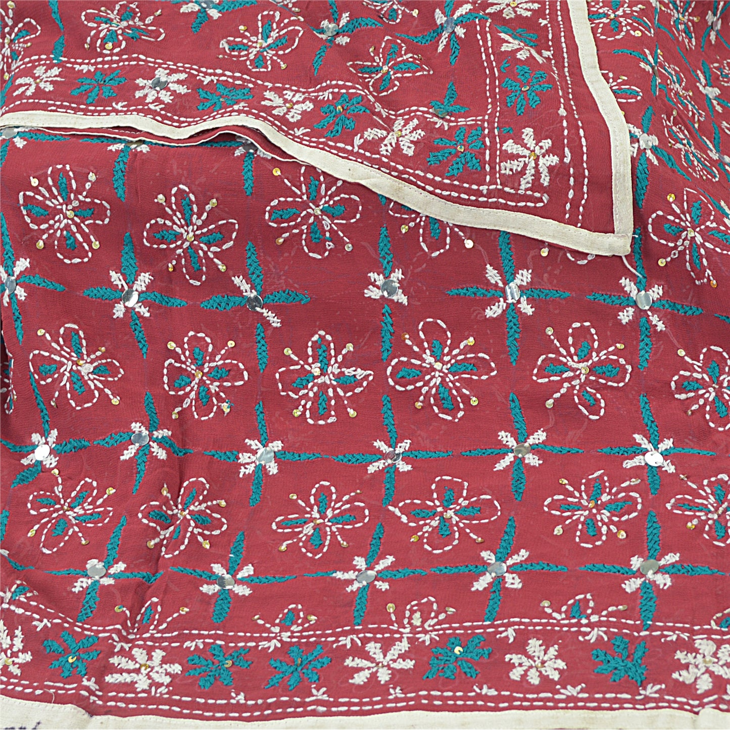 Sanskriti Vintage Blend Georgette Long Dupatta Dark Red Handmade Phulkari Veil