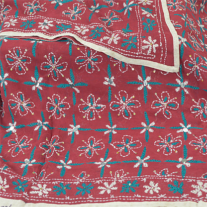Sanskriti Vintage Blend Georgette Long Dupatta Dark Red Handmade Phulkari Veil