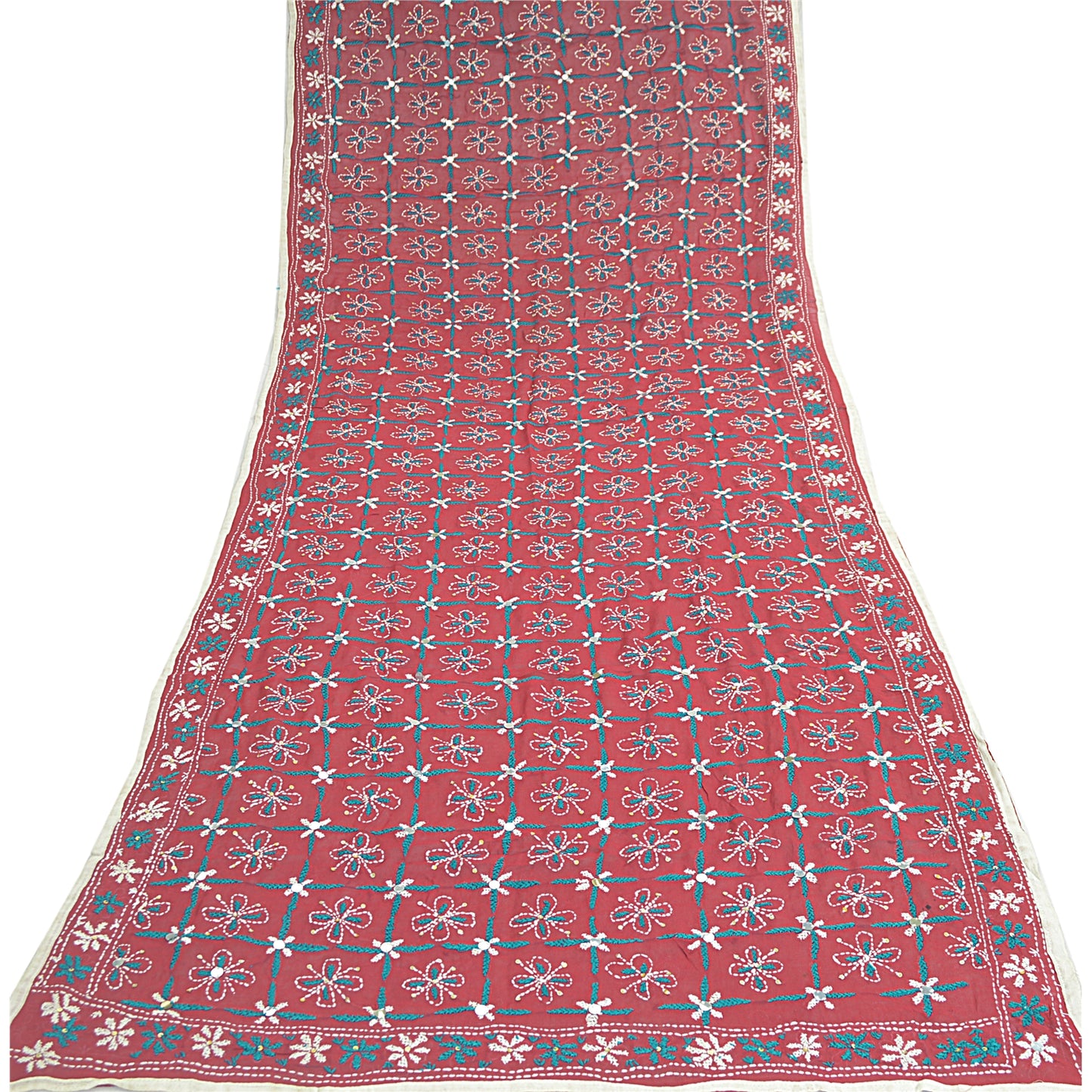 Sanskriti Vintage Blend Georgette Long Dupatta Dark Red Handmade Phulkari Veil
