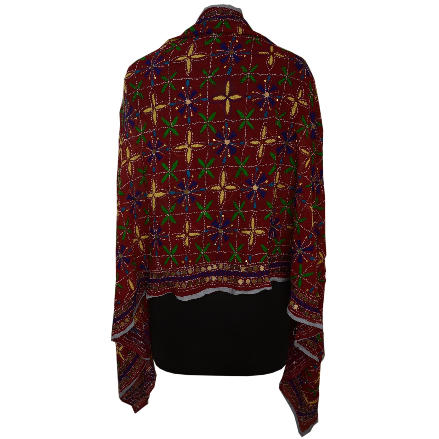Sanskriti Vintage Dupatta Maroon Georgette Long Stole Ooak Handmade Phulkari Veil Uses-Table linen, Cushions, Curtains, Dressing, Decor