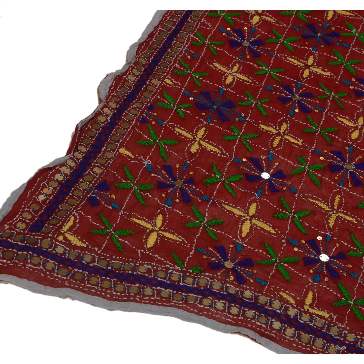 Sanskriti Vintage Dupatta Maroon Georgette Long Stole Ooak Handmade Phulkari Veil Uses-Table linen, Cushions, Curtains, Dressing, Decor