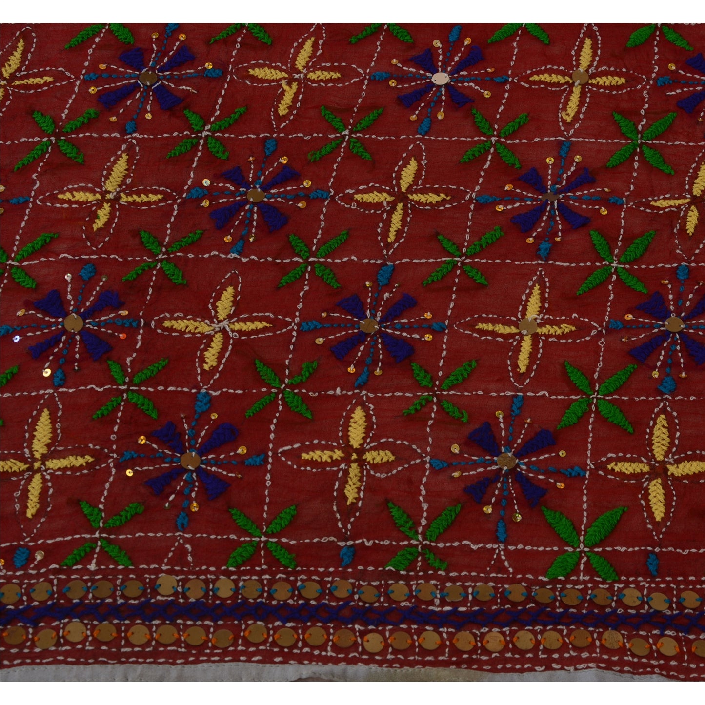 Sanskriti Vintage Dupatta Maroon Georgette Long Stole Ooak Handmade Phulkari Veil Uses-Table linen, Cushions, Curtains, Dressing, Decor
