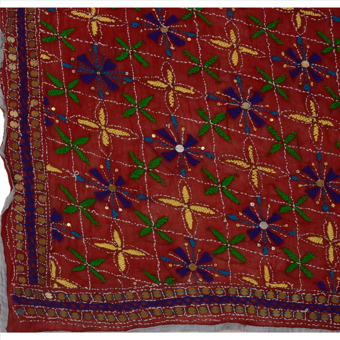 Sanskriti Vintage Dupatta Maroon Georgette Long Stole Ooak Handmade Phulkari Veil Uses-Table linen, Cushions, Curtains, Dressing, Decor
