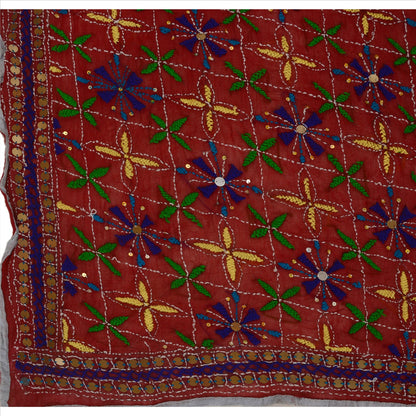 Sanskriti Vintage Dupatta Maroon Georgette Long Stole Ooak Handmade Phulkari Veil Uses-Table linen, Cushions, Curtains, Dressing, Decor