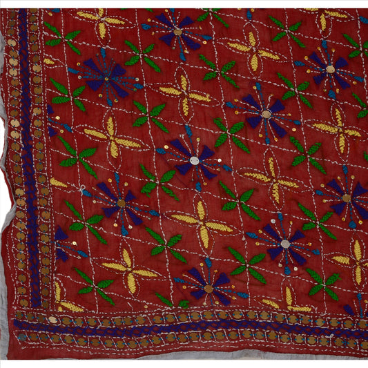 Sanskriti Vintage Dupatta Maroon Georgette Long Stole Ooak Handmade Phulkari Veil Uses-Table linen, Cushions, Curtains, Dressing, Decor