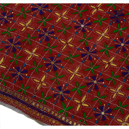 Sanskriti Vintage Dupatta Maroon Georgette Long Stole Ooak Handmade Phulkari Veil Uses-Table linen, Cushions, Curtains, Dressing, Decor