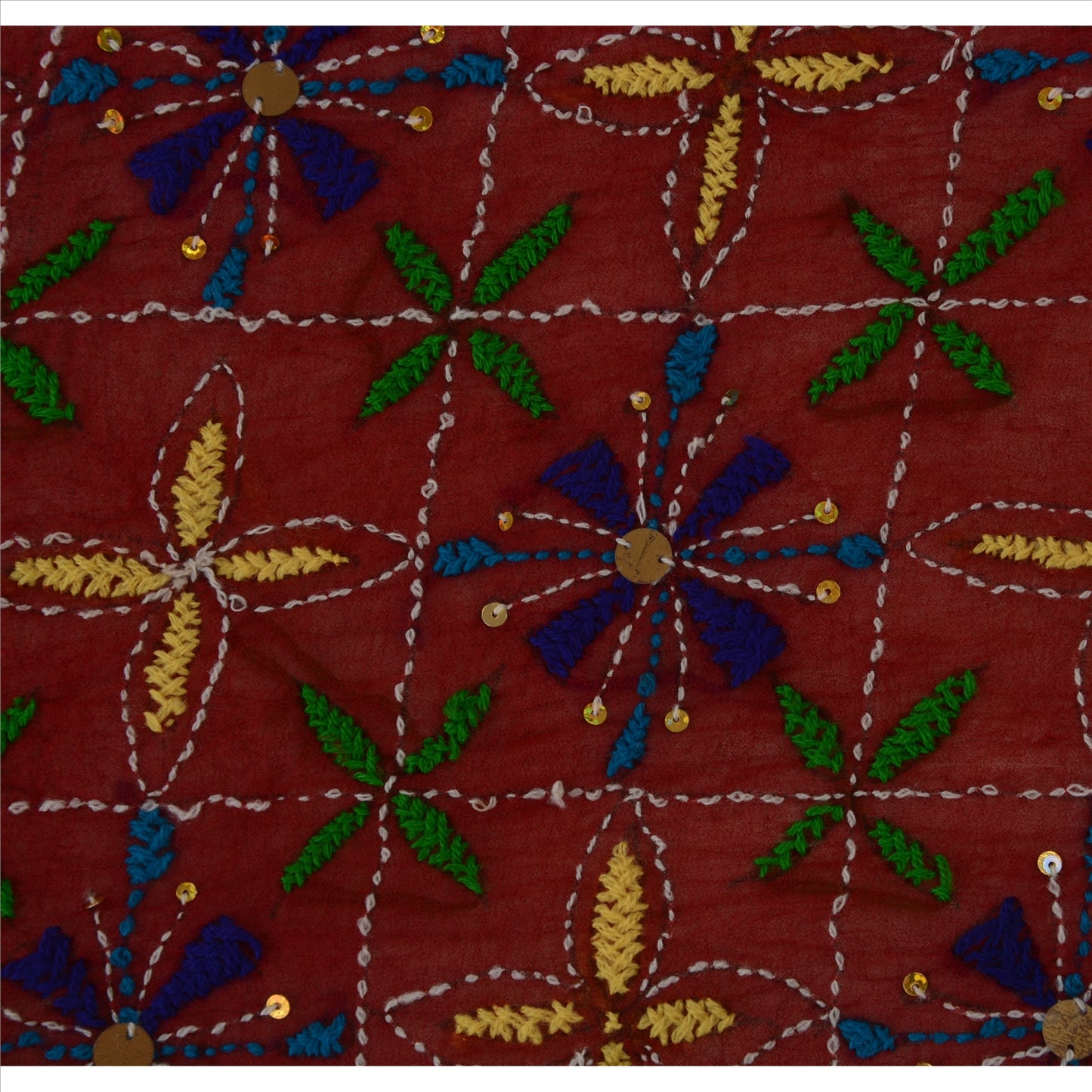 Sanskriti Vintage Dupatta Maroon Georgette Long Stole Ooak Handmade Phulkari Veil Uses-Table linen, Cushions, Curtains, Dressing, Decor