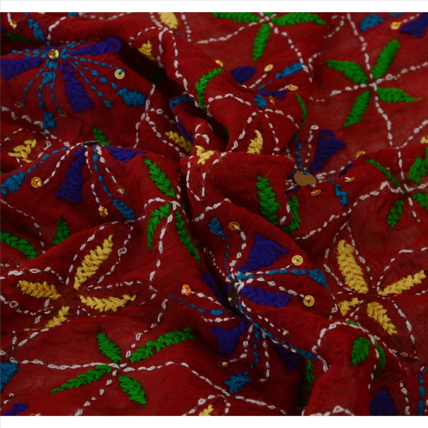 Sanskriti Vintage Dupatta Maroon Georgette Long Stole Ooak Handmade Phulkari Veil Uses-Table linen, Cushions, Curtains, Dressing, Decor