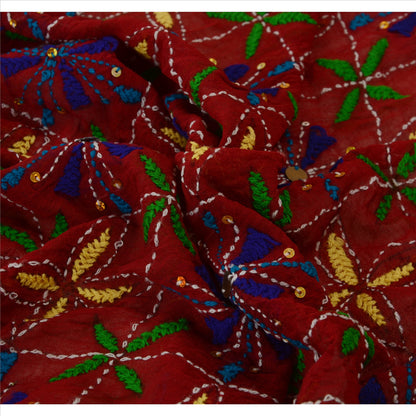 Sanskriti Vintage Dupatta Maroon Georgette Long Stole Ooak Handmade Phulkari Veil Uses-Table linen, Cushions, Curtains, Dressing, Decor