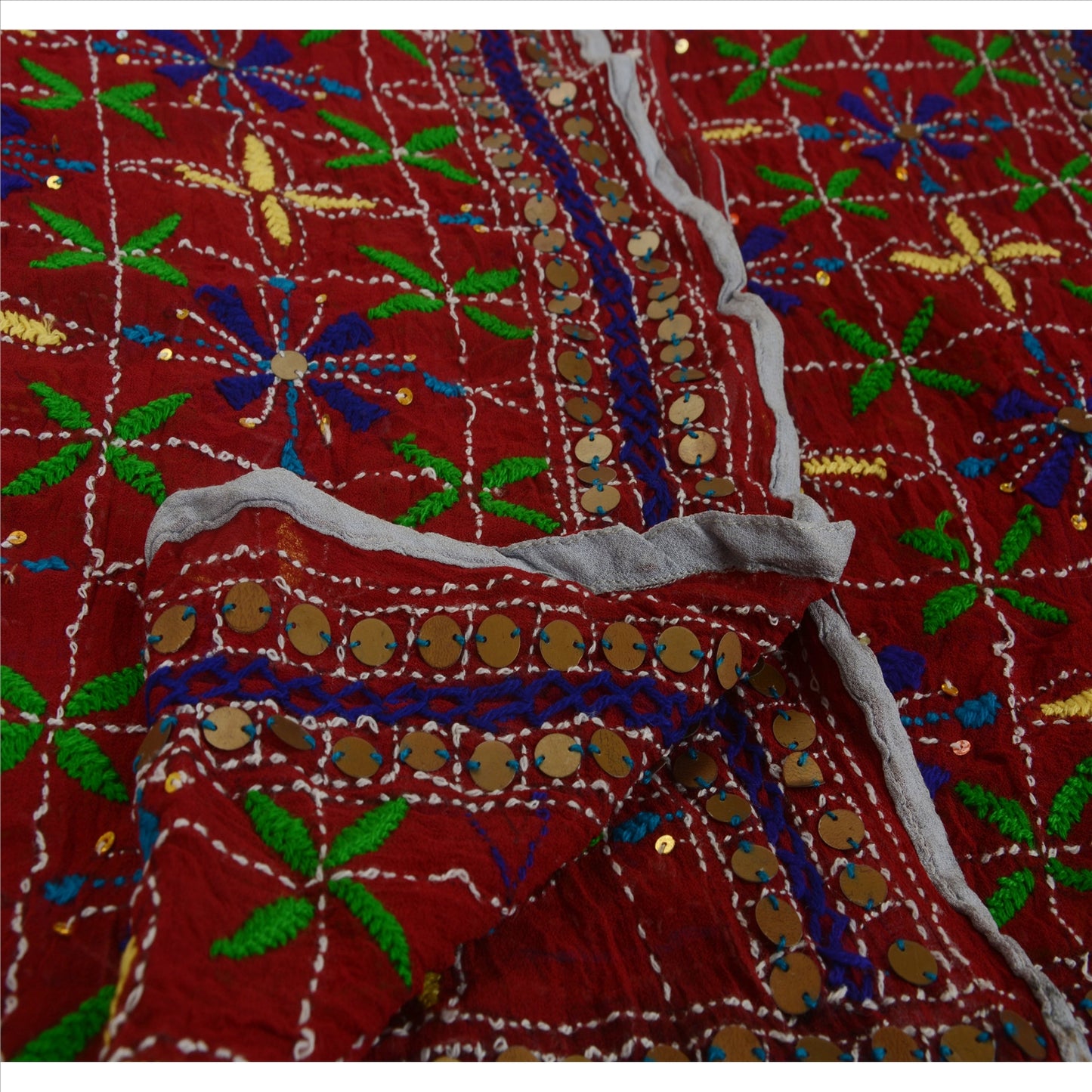 Sanskriti Vintage Dupatta Maroon Georgette Long Stole Ooak Handmade Phulkari Veil Uses-Table linen, Cushions, Curtains, Dressing, Decor