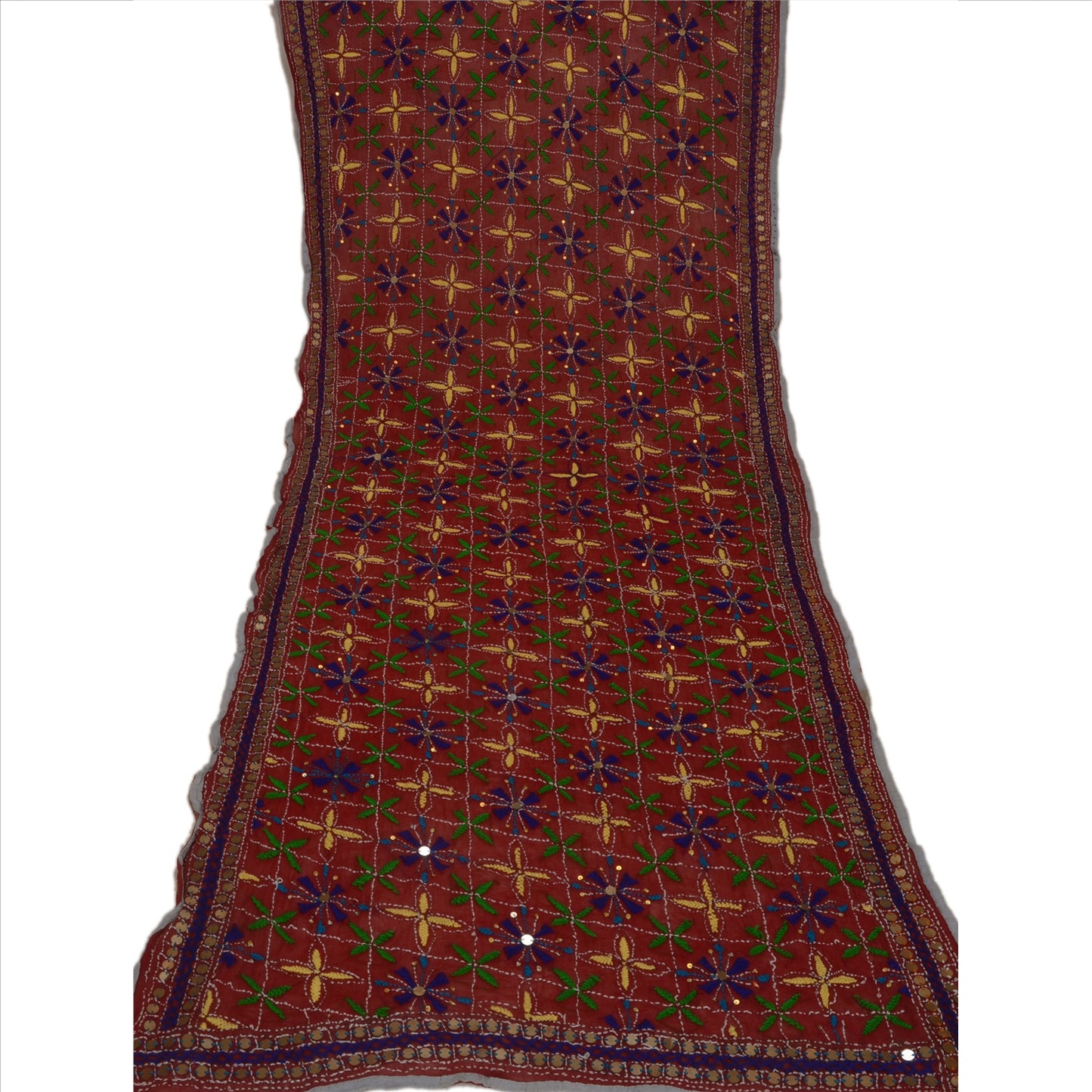Sanskriti Vintage Dupatta Maroon Georgette Long Stole Ooak Handmade Phulkari Veil Uses-Table linen, Cushions, Curtains, Dressing, Decor