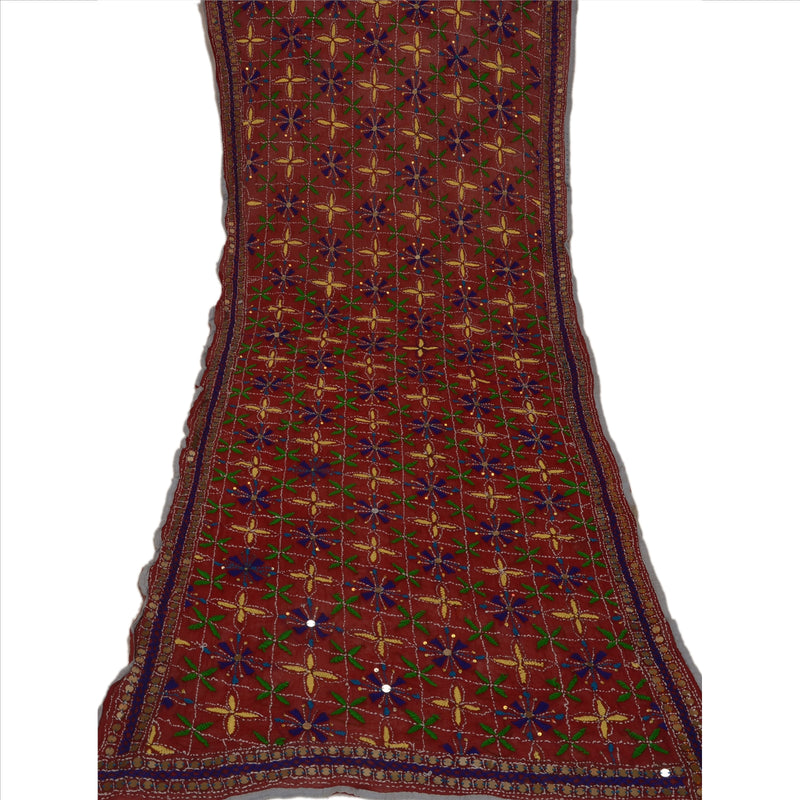 Sanskriti Vintage Dupatta Maroon Georgette Long Stole Ooak Handmade Phulkari Veil Uses-Table linen, Cushions, Curtains, Dressing, Decor