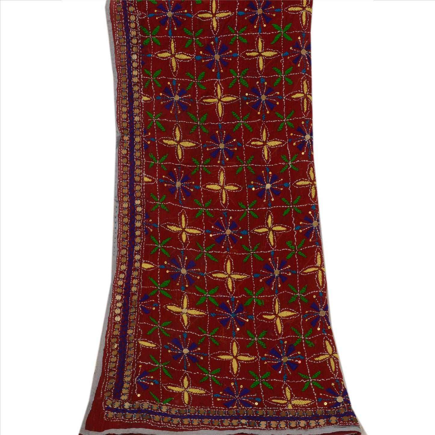 Sanskriti Vintage Dupatta Maroon Georgette Long Stole Ooak Handmade Phulkari Veil Uses-Table linen, Cushions, Curtains, Dressing, Decor