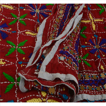 Sanskriti Vintage Dupatta Maroon Georgette Long Stole Ooak Handmade Phulkari Veil Uses-Table linen, Cushions, Curtains, Dressing, Decor