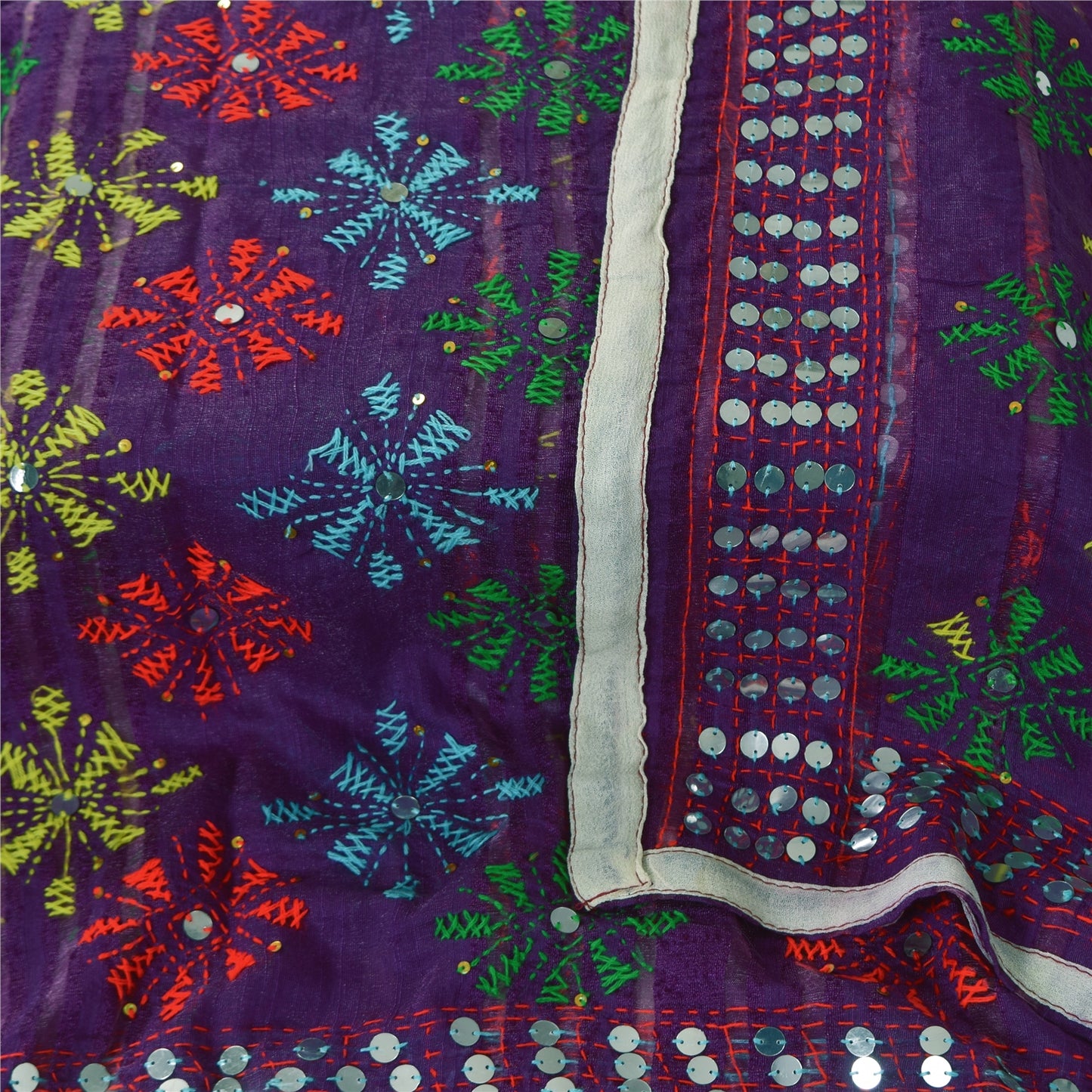Sanskriti Vintage Purple Dupatta 100% Pure Georgette Long Stole Hand Embroidered Phulkari Veil Crafting, Upcycling, Recycling, DressMaking