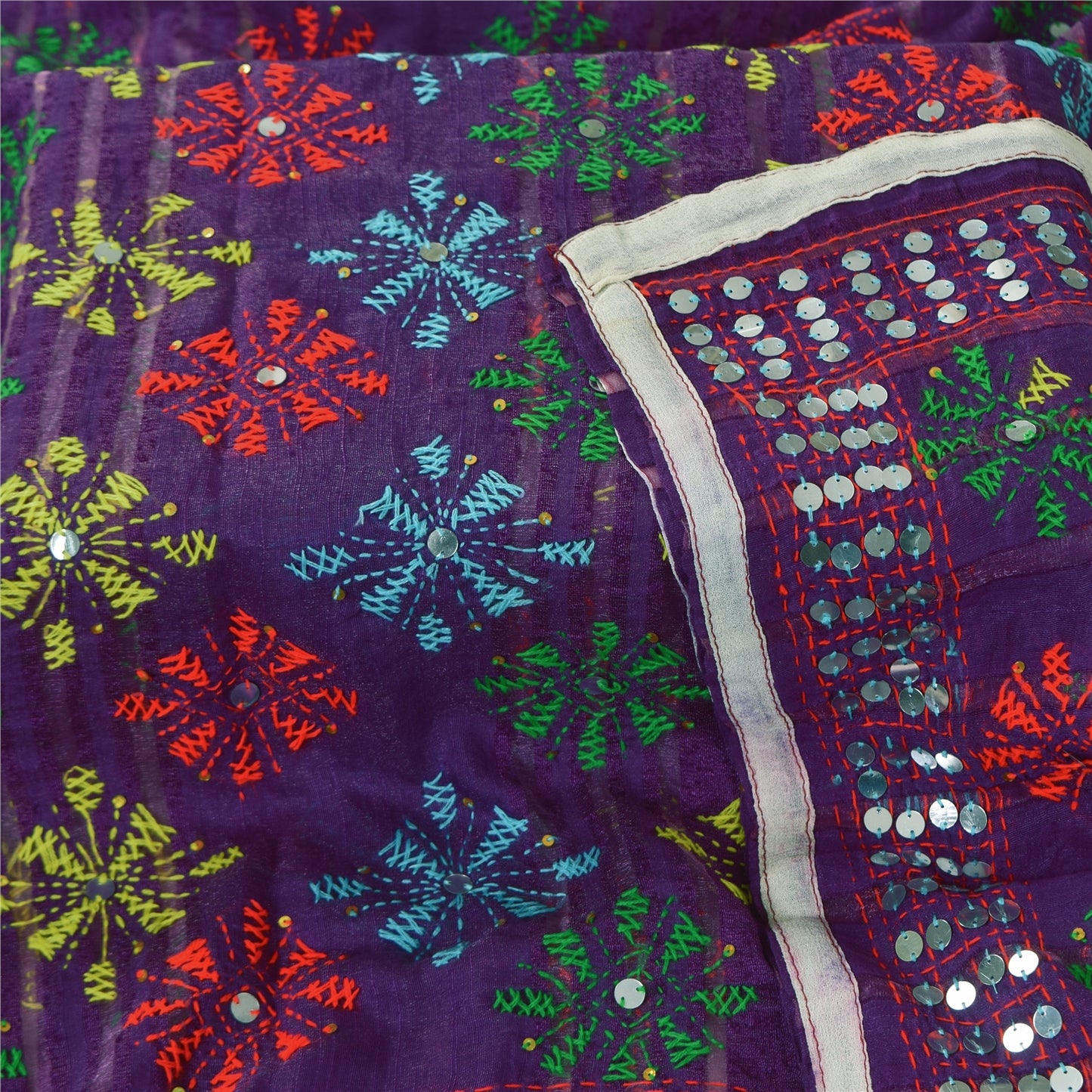 Sanskriti Vintage Purple Dupatta 100% Pure Georgette Long Stole Hand Embroidered Phulkari Veil Crafting, Upcycling, Recycling, DressMaking