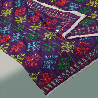 Sanskriti Vintage Purple Dupatta 100% Pure Georgette Long Stole Hand Embroidered Phulkari Veil Crafting, Upcycling, Recycling, DressMaking