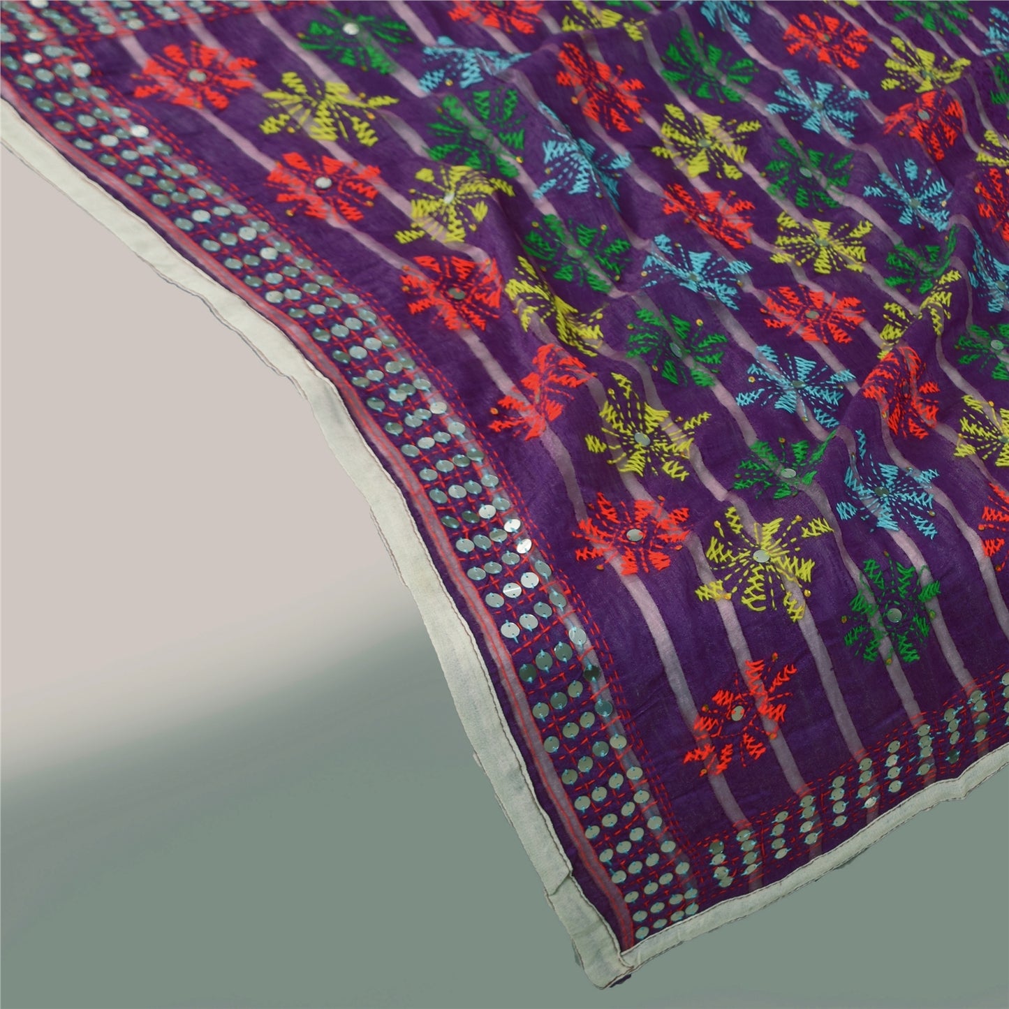Sanskriti Vintage Purple Dupatta 100% Pure Georgette Long Stole Hand Embroidered Phulkari Veil Crafting, Upcycling, Recycling, DressMaking