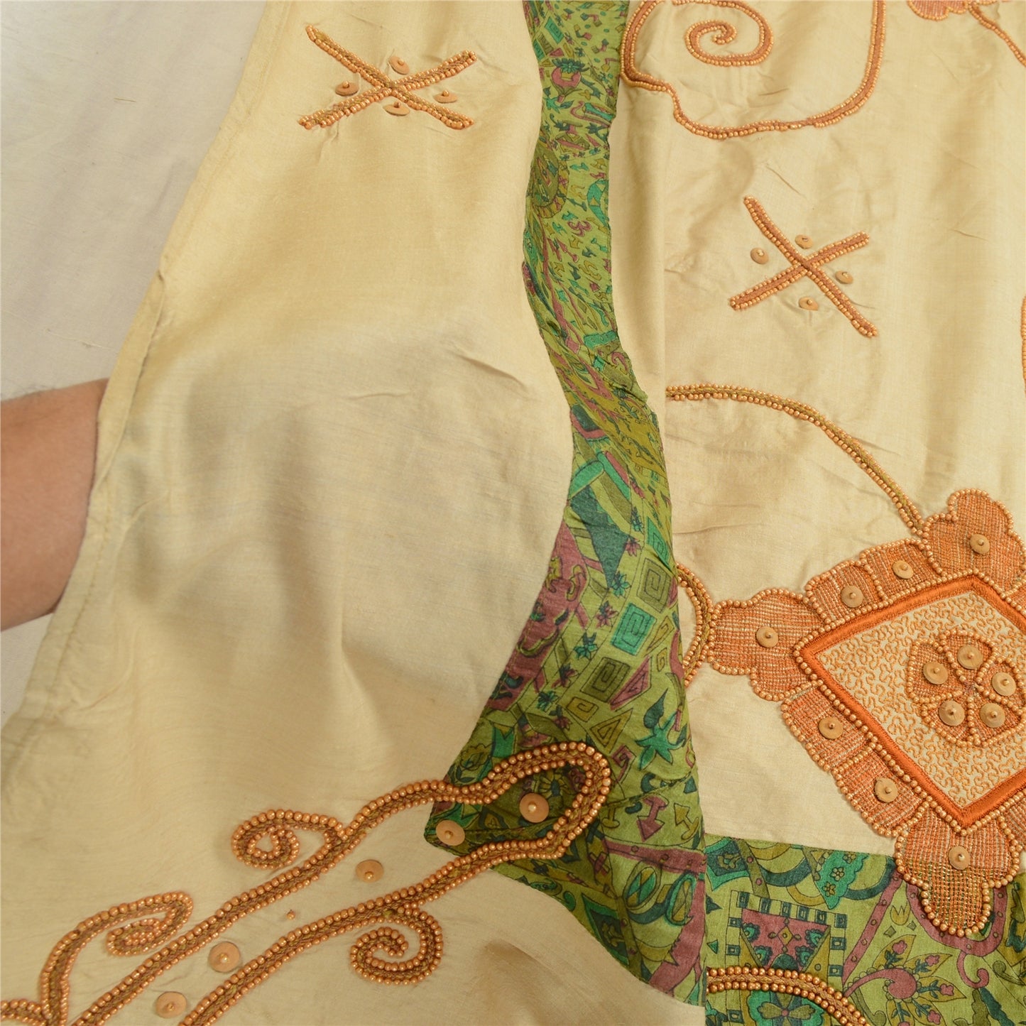 Sanskriti Vintage Ivory Pure Silk Dupatta Long Stole Hand Beaded Dori Wrap Veil Crafting, Upcycling, Recycling, Dress Making,Home Decor,