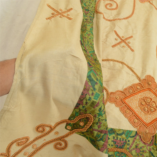 Sanskriti Vintage Ivory Pure Silk Dupatta Long Stole Hand Beaded Dori Wrap Veil Crafting, Upcycling, Recycling, Dress Making,Home Decor,