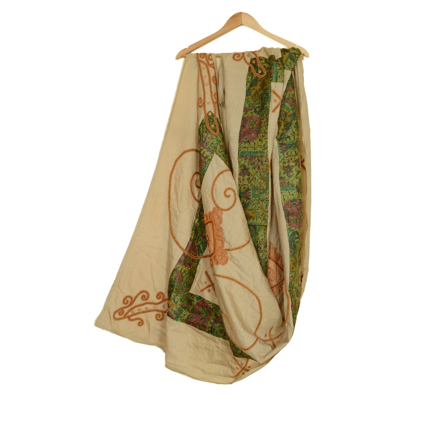 Sanskriti Vintage Ivory Pure Silk Dupatta Long Stole Hand Beaded Dori Wrap Veil Crafting, Upcycling, Recycling, Dress Making,Home Decor,