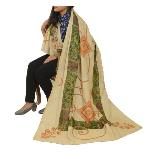 Sanskriti Vintage Ivory Dupatta Long Stole Pure Silk Hand Beaded Dori Wrap Veil