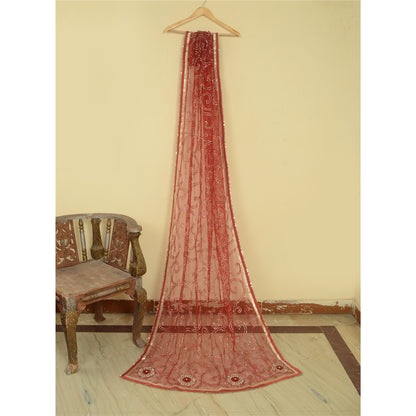 Sanskriti Vintage Red Dupatta Long Stole Net Mesh Hand Beaded Wrap Bridal Veil