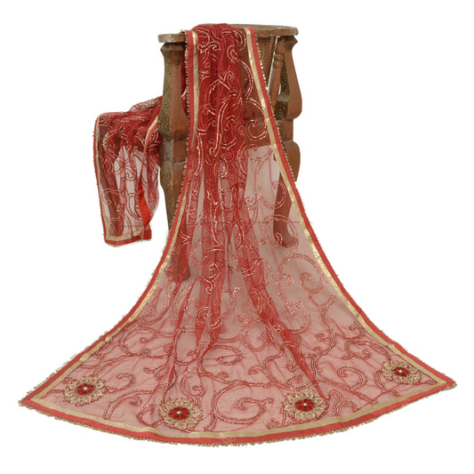 Sanskriti Vintage Red Dupatta Long Stole Net Mesh Hand Beaded Wrap Bridal Veil
