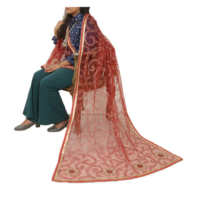 Sanskriti Vintage Red Dupatta Long Stole Net Mesh Hand Beaded Wrap Bridal Veil