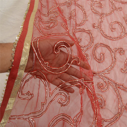 Sanskriti Vintage Red Dupatta Long Stole Net Mesh Hand Beaded Wrap Bridal Veil