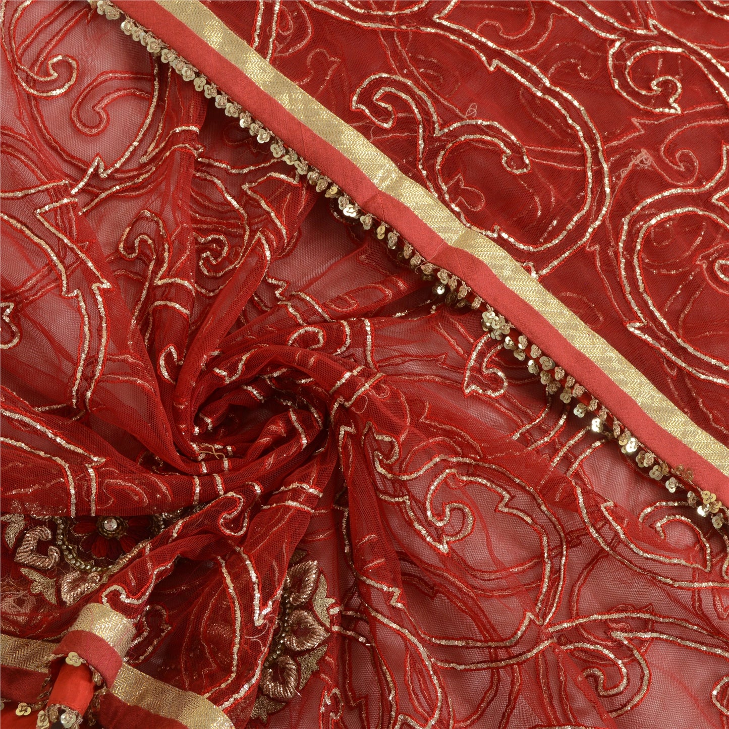 Sanskriti Vintage Red Dupatta Long Stole Net Mesh Hand Beaded Wrap Bridal Veil