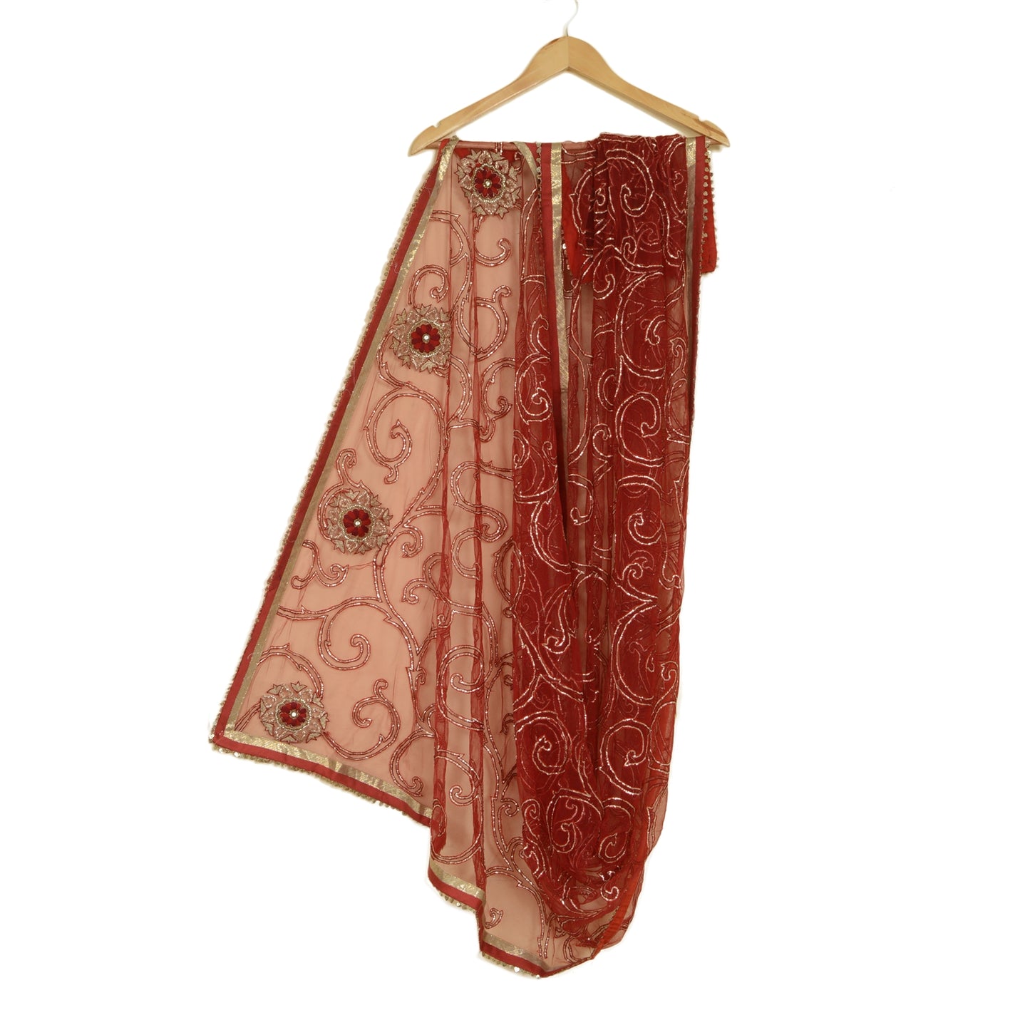 Sanskriti Vintage Red Dupatta Long Stole Net Mesh Hand Beaded Wrap Bridal Veil