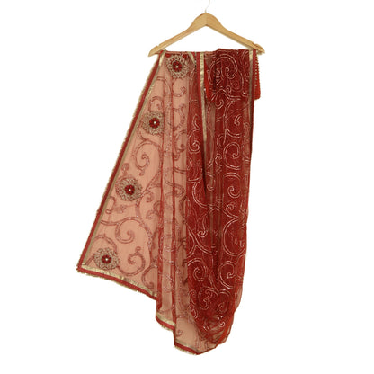 Sanskriti Vintage Red Dupatta Long Stole Net Mesh Hand Beaded Wrap Bridal Veil
