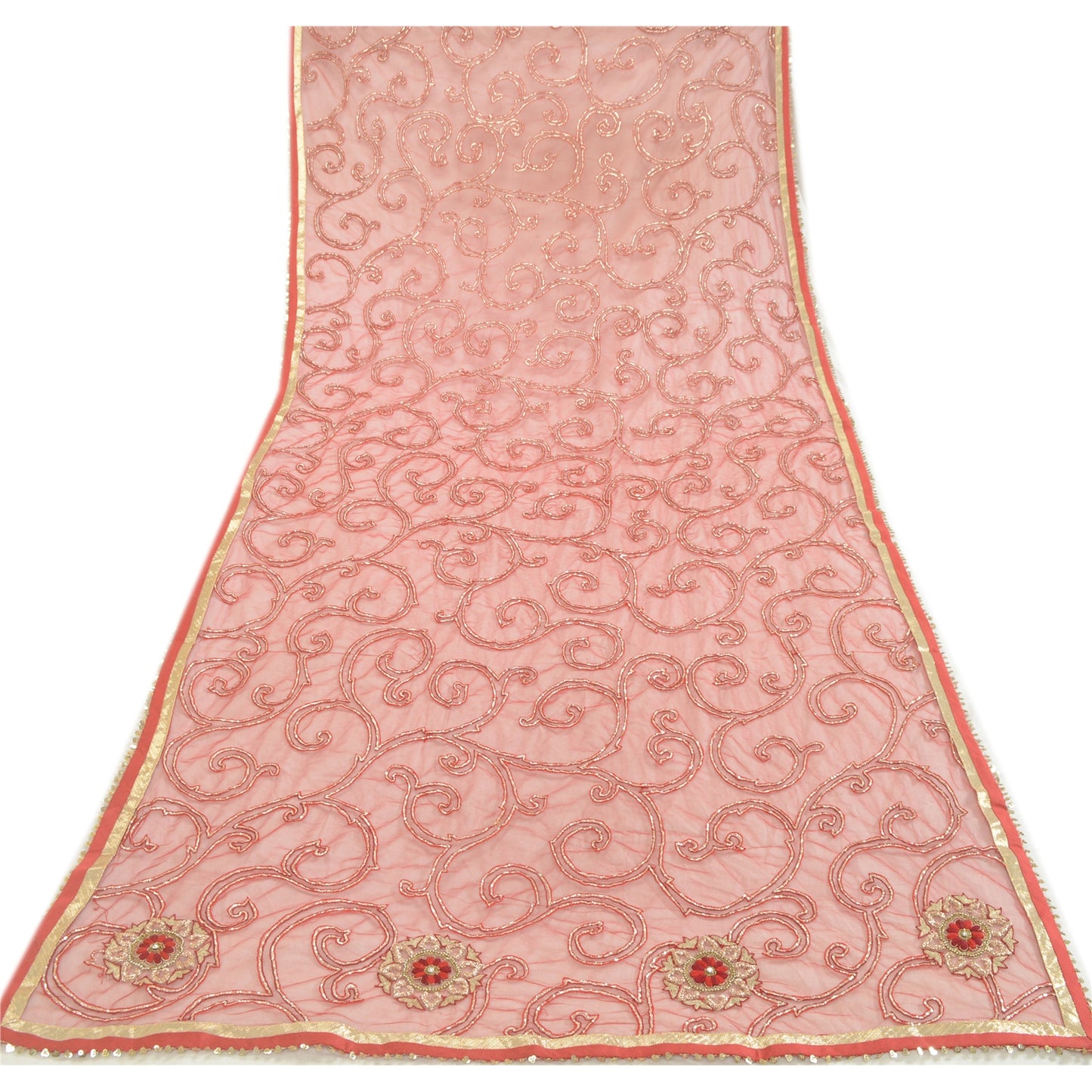 Sanskriti Vintage Red Dupatta Long Stole Net Mesh Hand Beaded Wrap Bridal Veil