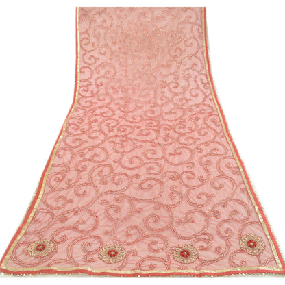 Sanskriti Vintage Red Dupatta Long Stole Net Mesh Hand Beaded Wrap Bridal Veil