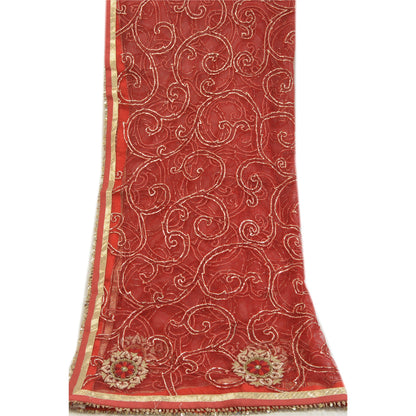 Sanskriti Vintage Red Dupatta Long Stole Net Mesh Hand Beaded Wrap Bridal Veil