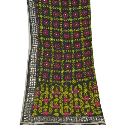 Sanskriti Vintage Dupatta Long Stole Black OOAK Hand Embroidered Phulkari Scarf