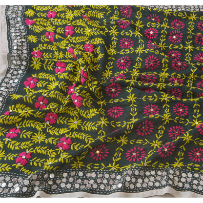 Sanskriti Vintage Dupatta Long Stole Black OOAK Hand Embroidered Phulkari Scarf