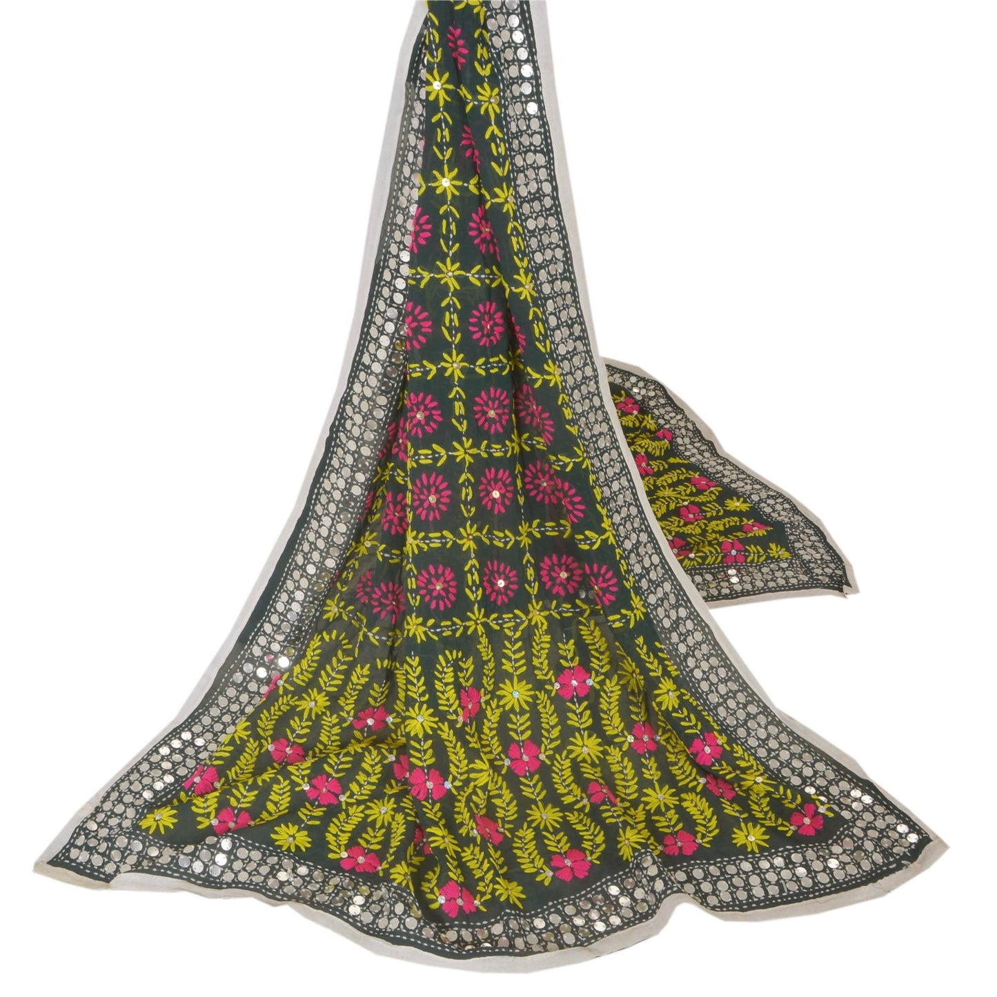 Sanskriti Vintage Dupatta Long Stole Black OOAK Hand Embroidered Phulkari Scarf