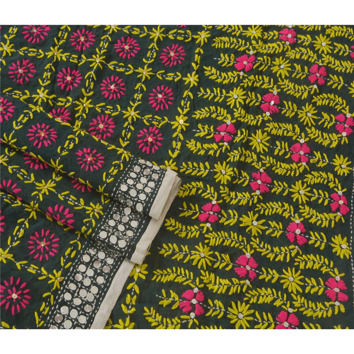 Sanskriti Vintage Dupatta Long Stole Black OOAK Hand Embroidered Phulkari Scarf