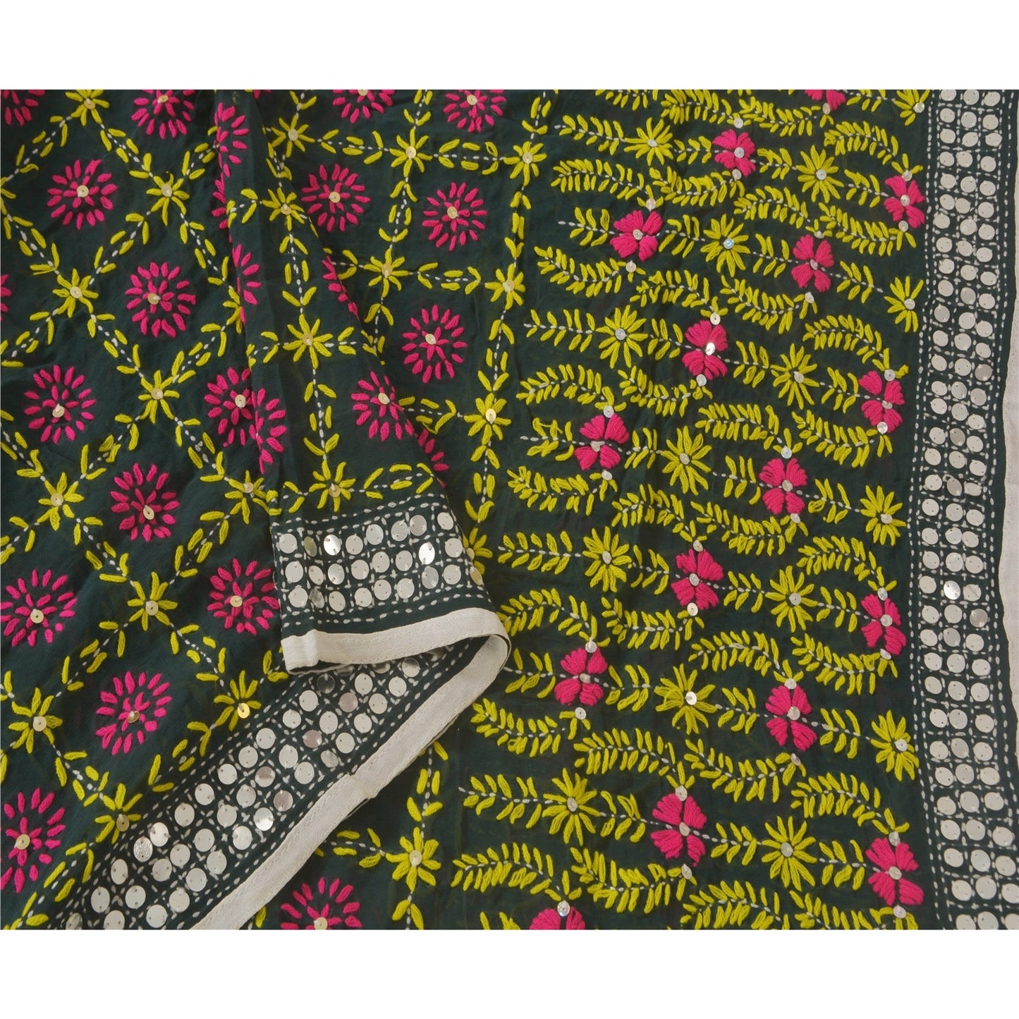 Sanskriti Vintage Dupatta Long Stole Black OOAK Hand Embroidered Phulkari Scarf