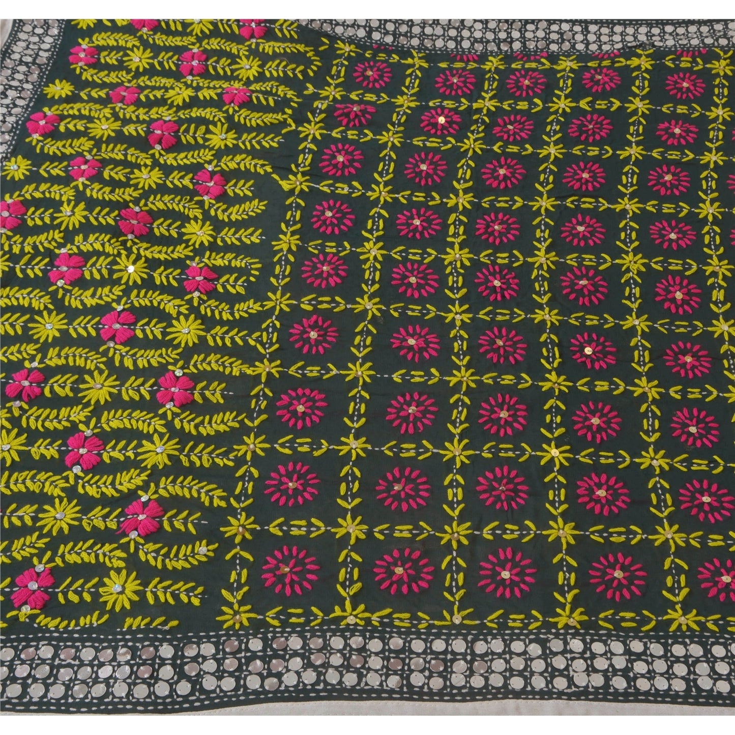Sanskriti Vintage Dupatta Long Stole Black OOAK Hand Embroidered Phulkari Scarf