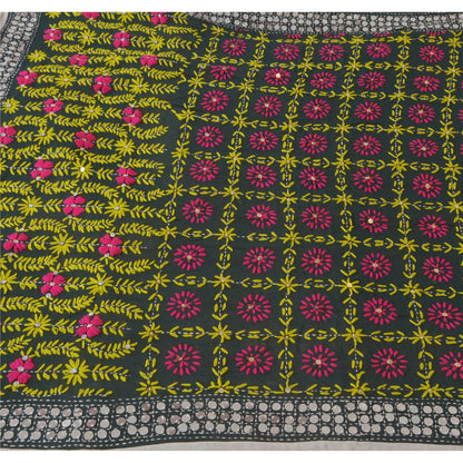 Sanskriti Vintage Dupatta Long Stole Black OOAK Hand Embroidered Phulkari Scarf