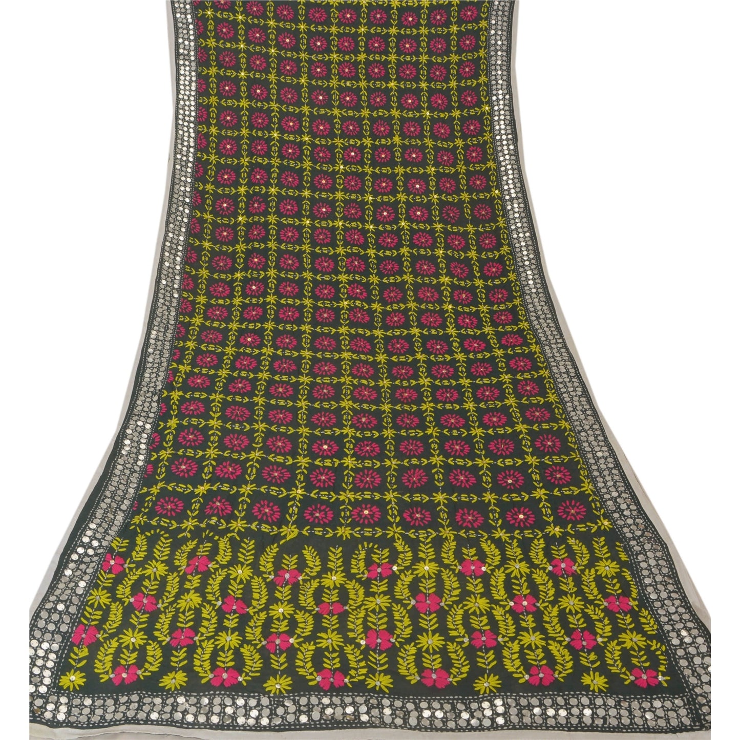 Sanskriti Vintage Dupatta Long Stole Black OOAK Hand Embroidered Phulkari Scarf
