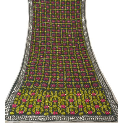Sanskriti Vintage Dupatta Long Stole Black OOAK Hand Embroidered Phulkari Scarf